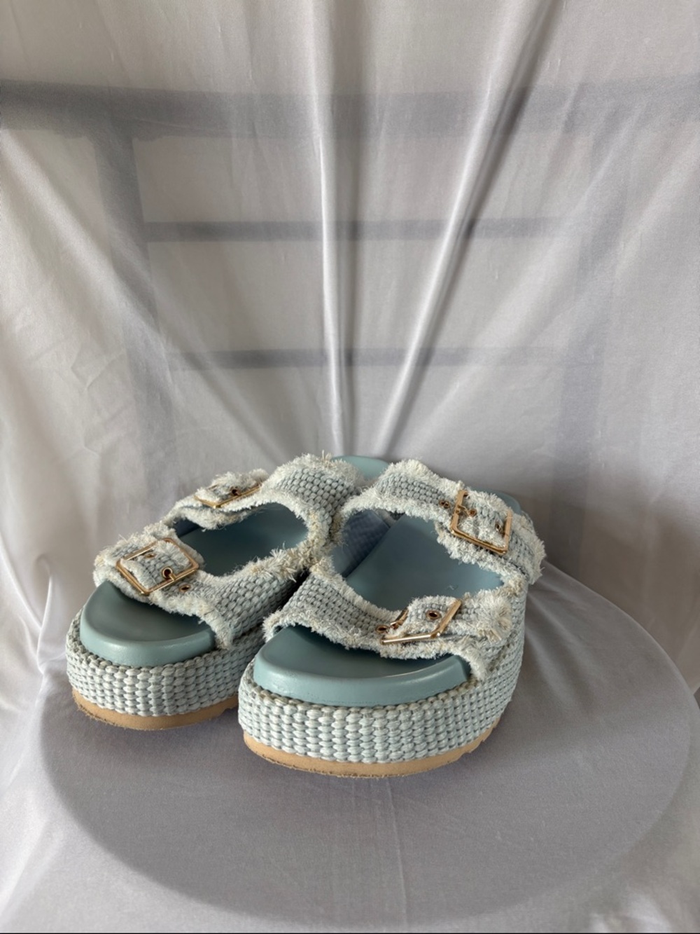 Textured Light Blue Double-Buckle Platform Mules